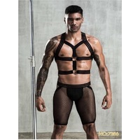 MEN'S BLACK ELASTIC HARNESS WITH MESH SHORTS