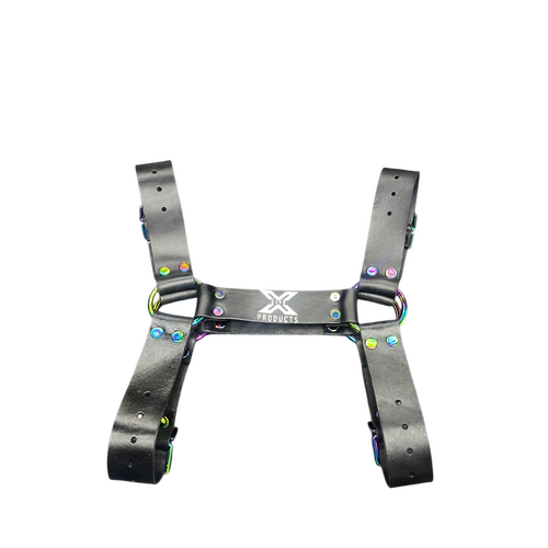 X-CITE LEATHER HARNESS RAINBOW HARDWARE SILVER EMBOSSED LOGO - MEDIUM